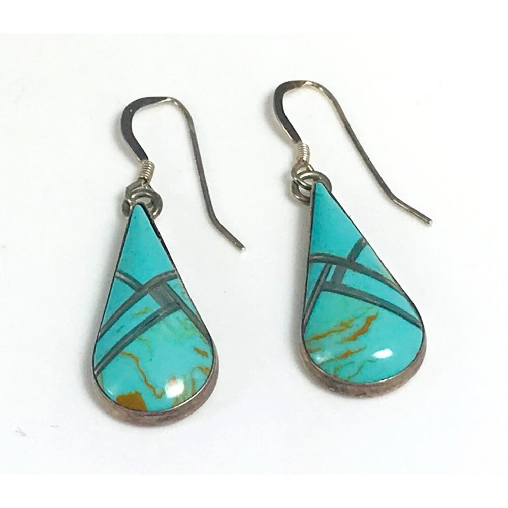 Native American Turquoise Inlay Dangle Earrings Sterling Silver Teardrop Hooks